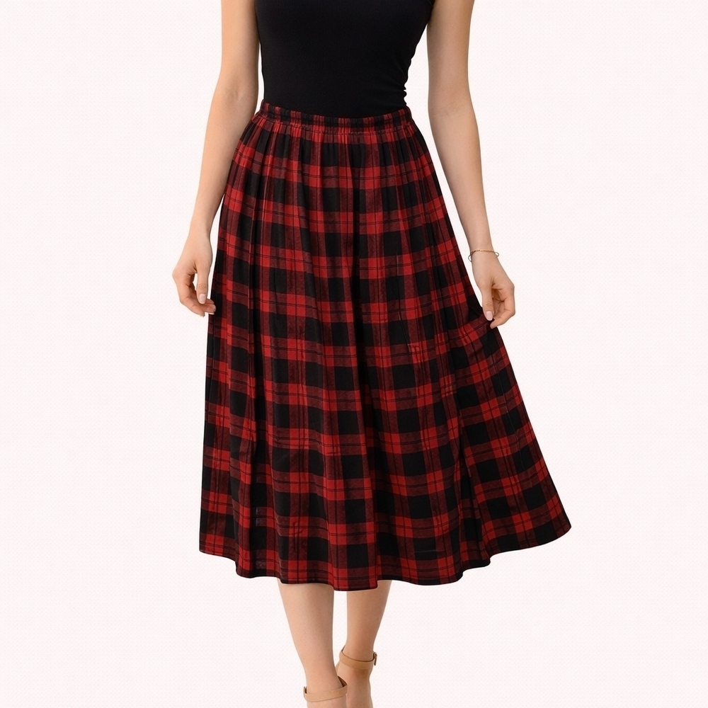 Vtg 1990s Tomato Red Plaid Elastic Waist Preppy Grunge Accordian Pleated Skirt